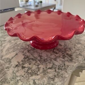 Red Ruffled Pottery Cake Stand